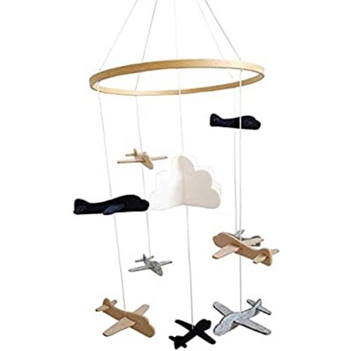 Crib Mobile Airplanes & Cloud Nursery Decoration Grey and White, Navy Blue, Tan Baby Crib Mobile for