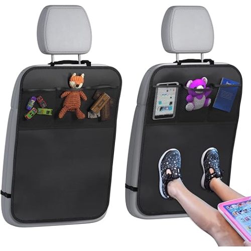 lebogner Back Seat Cover For Kids + 3 Pocket Storage Organizer, 2 Pack X-Large Waterproof Kick Mats Backseat Protector, Car Seat Back Protectors For Vehicles To Protect From Dirt, Mud & Scratches