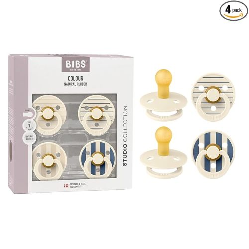 BIBS Studio Pacifier 4-Pack, BPA Free Pacifiers, Round Nipple. Natural Rubber Latex, Made in Denmark, Size 1 (0-6 Months), Ivory