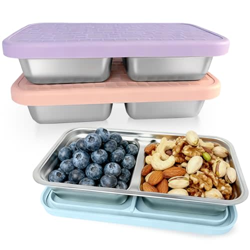 3 Pack 15 oz Stainless Steel Snack Containers for Kids, Reusable Metal Snack Containers with Silicone Lids, 2 Compartment Stackable Metal Toddler Lunch Box for Daycare, School and Outdoor