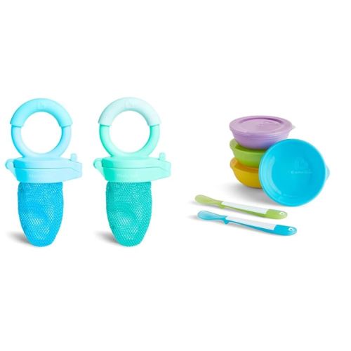 Munchkin® Love-a-Bowls™ 10 Piece Baby Feeding Set, Includes Bowls with Lids and Spoons, Multicolor & Fresh Food Feeder, 2 Count (Pack of 1), Blue/Mint