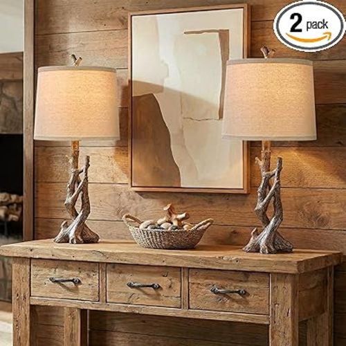 23" Rustic Farmhouse Table Lamp Country Cottage Lamps for Nightstand Tree Trunk Wood Grain Lamp for Bedroom Living Room with Oatmeal Fabric Round Shade Resin Bedside Lamp