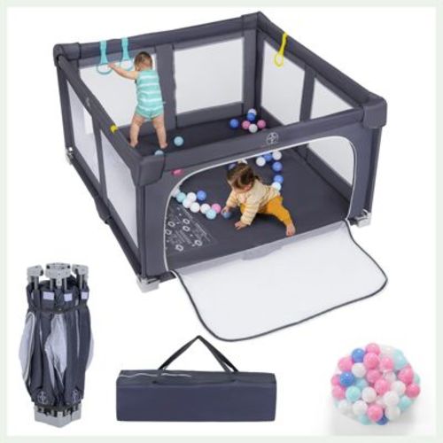 Baby Playpen Foldable Toddler Safety Play Yard with 50 Ocean Balls, Dark Grey