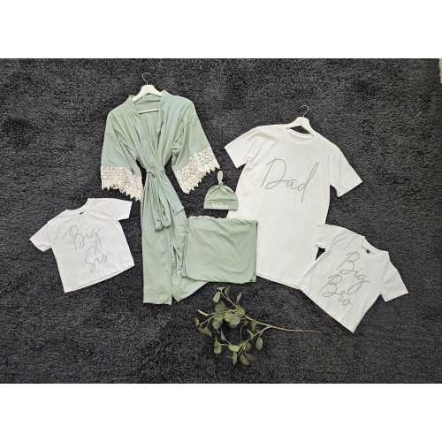 Sage Green Matching Family Outfit: Dad Shirt, Maternity Robe, Blanket & Personalized Hat