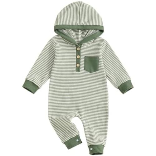 Newborn Baby Boy Clothes Striped Waffle Button Up Long Sleeve Hoodie Romper Jumpsuit One-Piece Fall Winter Outfit