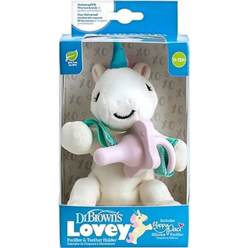 Dr. Brown's Baby Lovey Pacifier and Teether Holder, Unicorn with Pink HappyPaci, 100% Silicone, 0-6m (Packaging May Vary)