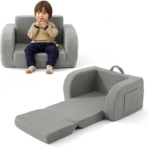 Toddler Couch, 2-in-1 Toddler Chairs Comfy 1-3 Years Old, Toddler Chair for Girls and Boys, Kids Couch Bed Fold Out, Convertible Baby Sofa to Lounge Chair for Playing, Reading, Napping, Grey