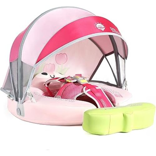 Mambobaby Non-Inflatable Baby Pool Float with Tail and Canopy UPF 50+ Sun Protection No Flip Over Infant Swim Float Skin-Friendly Mambo Float Swim Trainer Solid Baby Swimming Ring Aged 3-24 Months