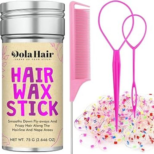 Dolahair Hair Wax Stick & Accessories - Flyaway Control for Kids & Women, 50 Pcs Colorful Elastic Hair Bands, 1 Pcs Slick Back Hair Brush, 2 Hair Loop Styling Tools (Pink)