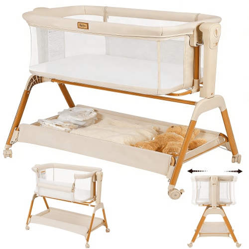 Baby Bassinet, Bobiber 3-in-1 Baby Bassinet Bedside Sleeper with Rocking and Adjustable Height, Storage Basket, Wheels, for 0-24 Months,White