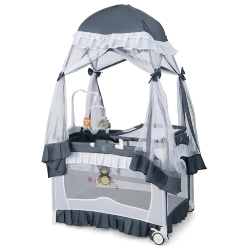 HONEY JOY 4-in-1 Pack and Play with Canopy, Portable Baby Playard w/Changing Table and Infant Bassinet Cute Toys & Music, Foldable Bassinet for Newborn and Toddler(Gray)