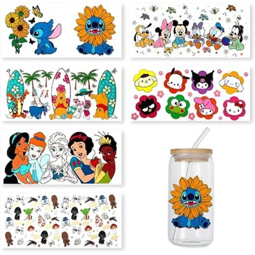 6 hojas de envolturas de taza UV DTF, pegatinas adhesivas impermeables para tazas de vidrio, diseño de dibujos animados, pegatinas de vinilo de transferencia de calor DIY para tazas (A)