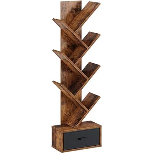 Rolanstar 7 Tier Bookshelf with Drawer, Tree Bookshelf, Small Bookshelves with Storage Rack for CDs/Movies/Books, Standing Book Shelf, Tall Narrow Bookcase for Living Room, Bedroom, Rustic Brown