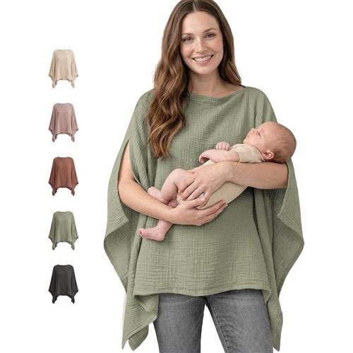 Konssy Muslin Nursing Cover for Breastfeeding, 360° Full Privacy Breathable 100% Cotton Breastfeeding Cover, Multi-use Carseat Canopy(Fog Green)