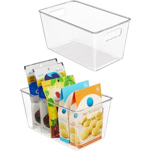 Vtopmart Clear Plastic Storage Bins, 2 PCS Pantry Organizer Bins with Handle for Refrigerator, Fridge, Cabinet, Kitchen, Countertops, Cupboard, Freezer Organization and Storage, Medium