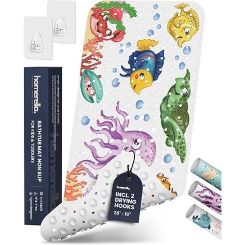 Bath Tub Mat Non Slip Anti Mold for Kids BPA Free INCL Hooks - homerella® Ocean Sea Animals 28x16, Baby Bath Mat Non Slip 200 Suction Cups, Non Toxic Machine Washable Toddler Bath Mat, EU Certified