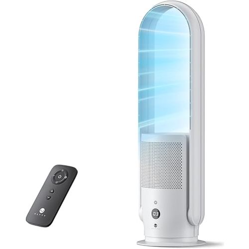 U ULTTY Bladeless Fan with Air Purifier, Quiet Tower Fan with Remote, Touch, 9 Speeds, 8H Timer, HEPA Filter 99.97%, 90° Oscillation Fans, Floor Fans Powerful for Home Office Room, CR022D White