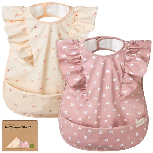 KeaBabies Waterproof Bibs for Baby Girl,Boy  2-Pack Lightweight, Large Baby Bibs for Eating, Wearable Food Catcher, 6-12 Months Infant Feeding Essentials, Smock for Toddlers 1-3, Kids (Butterflies)