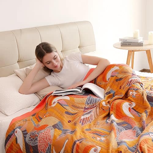 Boho Large Throw Blanket, 100% Organic Cotton Breathable Soft Bed Throw - Floral Bird Farmhouse Decor Blanket for Sofa Couch Chair Quilt and Gift. 60" x 80"- Colorful