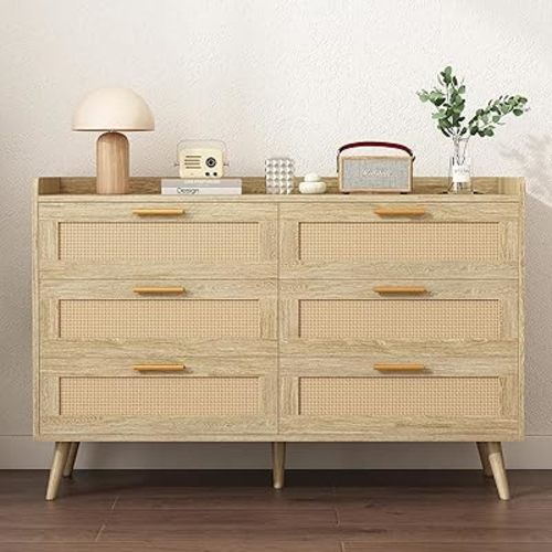 6 Drawers Dresser for Bedroom, Rattan Storage Dresser with Power Outlet, 47'' W TV Stand Chests of Drawers for Kids Room, TV, Living Room, Entryway