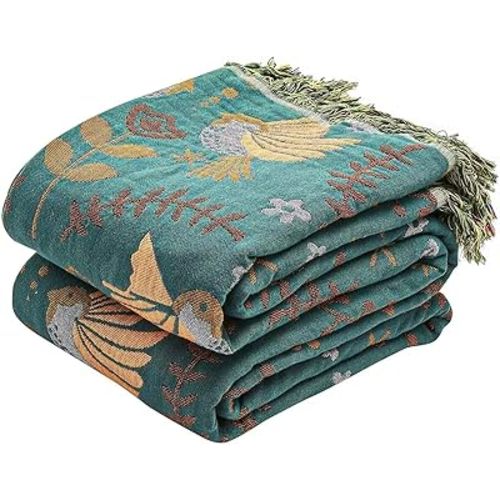 Boho Throw Blanket, 100% Cotton Ultra Soft Luxury Fall Throw Rustic Quilt, 50"x60" Floral Printed Farmhouse Decor Bed Summer Blankets, All Season Rustic Reversible Bohemian Throw for Bed