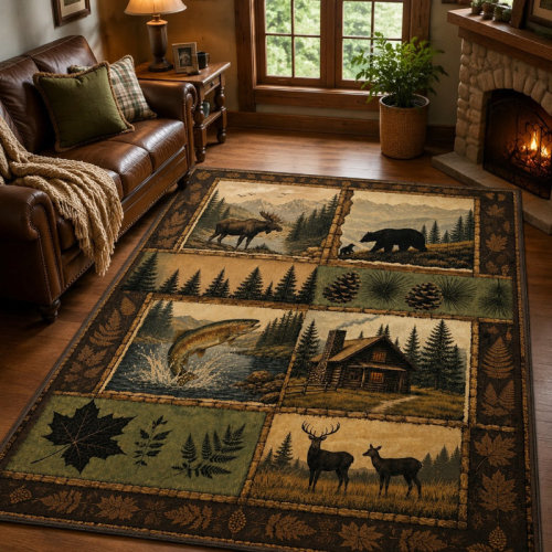 Millwood Pines 1Pcs Wildlife Cabin Patchwork Design - Rustic Woodland Animals, Mountain Scenery, Fishing, Forest Lodge, Nature Print Rug, Non-Slip Backing, Washable, Easy Care, for Living Room, Bedroom, Den for home detor | Wayfair