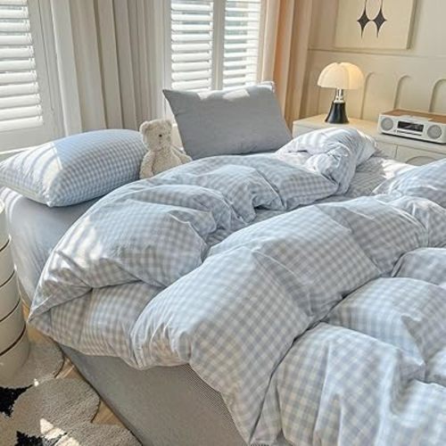 Nayoroom Gingham Duvet Cover Twin Size Blue White Plaid Checkered Comforter Cover 2 Pcs Soft Breathable Washed Microfiber Grid Farmhouse Bedding Set with Pillow Shams