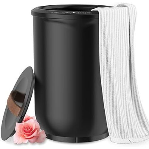 FLYHIT Large Towel Warmer for Bathroom - Heated Towel Warmers Bucket, Wood Handle, Auto Shut Off, Fits Up to Two 40"X70" Oversized Towels, Bathrobes, Blankets, for Mother's Gifts, Black