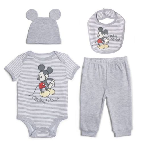 Disney Mickey Mouse Newborn Baby Boys Bodysuit, Pants, Bib and Hat 4 Piece Outfit Set White/Gray 0-3 Months