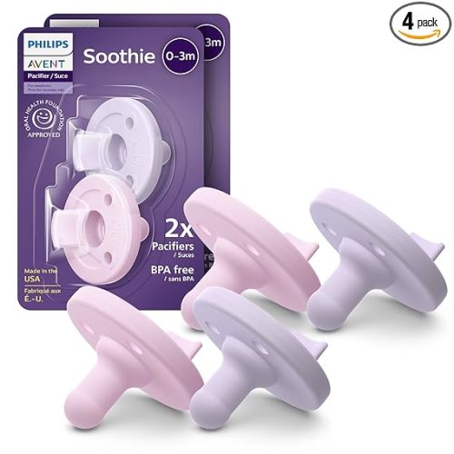 Philips Avent Soothie Baby Pacifiers - 100% Silicone Pacifiers for Babies 0-3 Months, One-piece Design, BPA-Free, Extra Durable, Lilac and Pink, 4 Pack, Model SCF190/70
