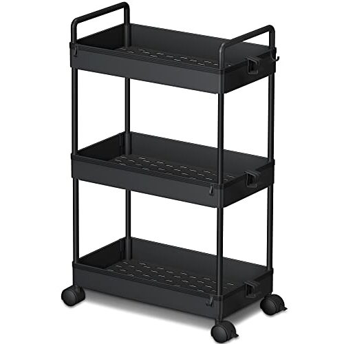 Ronlap 3 Tier Slim Rolling Storage Cart with Wheels Plastic Utility Cart Organizer for Snack Craft Art Postpartum Baby Diaper Nail Makeup in Bathroom Laundry Room Kitchen Bedside Narrow Space, Black