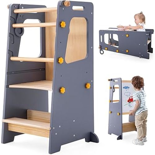 4 in 1 Toddler Kitchen Tower, Kids Kitchen Stool Helper, Standing Tower with Convertible Table and Chair, Toddler Step Stool with Adjustable-Height,Whiteboard and Safety Rail for Counter Sink (Gray)