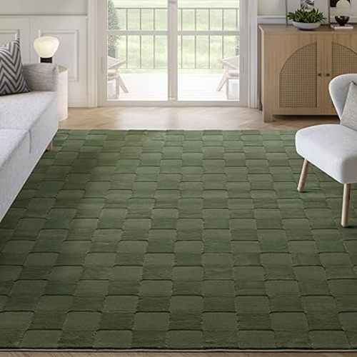 Abani Green Checkered Area Rug - 5' x 8' - Chunky, Plush and Soft Washable Carpet - Perfect for Living Room & Bedroom - Plush Deco Collection