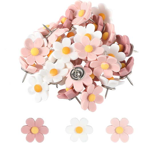 Papapt Flower Push Pins, 30Pcs Thumb Tacks for Cork Board, 0.9Inch Cute Push Pins for Bulletin Boards Cork Boards Cardboard Hanging Posters Wall Decorations(Pink + White