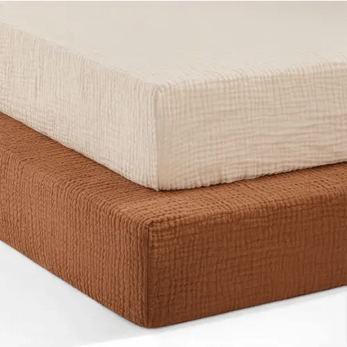 Pro Goleem 2 Pack Muslin Crib Sheets for Boys and Girls, 100% Cotton Soft Breathable Neutral Fitted Baby Bed Sheets Set for Standard Crib Mattress & Toddler Mattress 52"x28", (Brown&Beige)