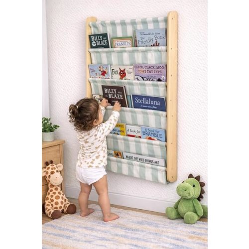 Montessori 5 Tier Canvas Pocket Wall Bookshelf, Re-Washable Soft Fabric Kids Book Rack, Space Saving Behind Door Shelf (Mint Green)