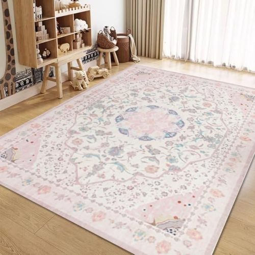 Washable Area Rug - Vintage Rugs for Living Room Non-Slip Backing Accent Area Rugs for Bedroom Soft Dining Room Mat, Indoor Carpet for Sunroom Playroom Dorm Classroom Home Office (Pink, 6'x9')