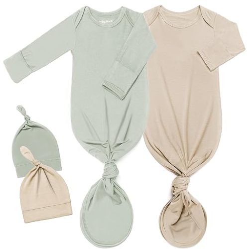 2Pack Knotted Gown Baby, Super Soft Long Sleeve Newborn Hospital Outfit Boy Girl Coming Home, Built-In Mittens Clothes