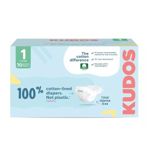 Kudos Chlorine Free Cotton - Lined Premium Diapers - Size 1, 70 Count, 7-12 lbs - (Pack of 1)