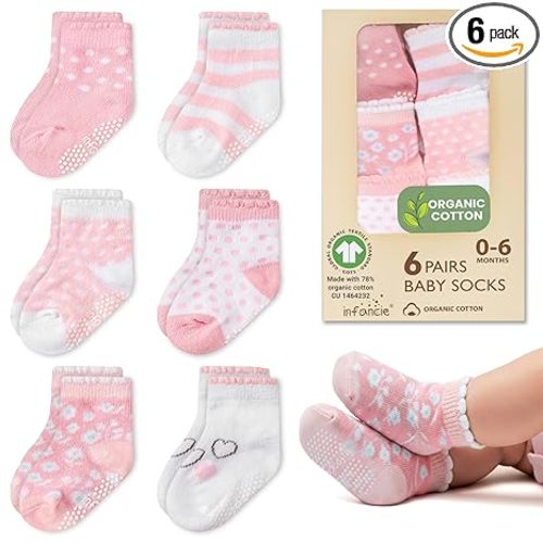 GOTS Certified Organic Cotton Baby Socks 6 Pairs For 0-6 (M) Newborn Girls Soft, Stretchable & Breathable Infant Socks, Cute Little Girls Socks, Baby Registry Essential, Pink