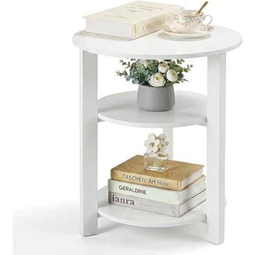 Farmhouse 3-Tier Round Side Table, 17.7*21.7Inch End Table with Open Storage,Modern Bedside Couch Accent Table for Living Room, Bedroom, Office，Wooden Table for Narrow and Small Spaces, White