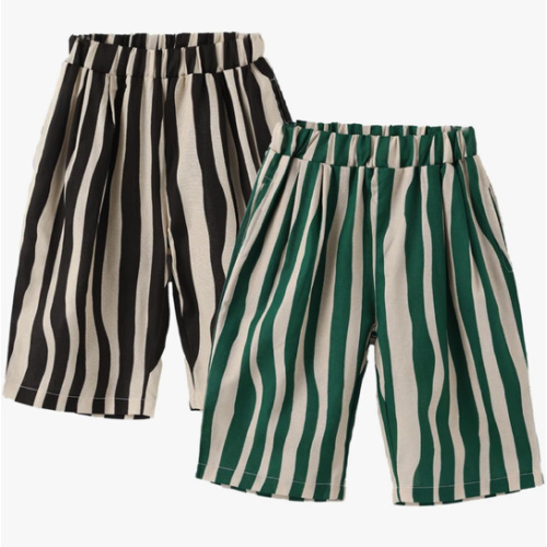 Ashmyova Boy's Cotton Stripe Shorts Summer Elastic Waist Casual Capri Pants for Boys with Pockets 2Pcs