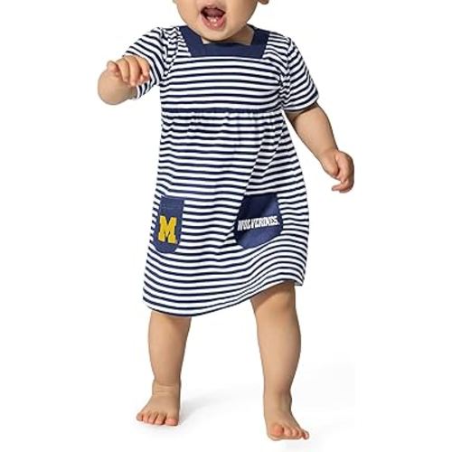 Little King NCAA Infant Girls Short Sleeve Striped Dress with Pockets-100% Cotton-Sizes 6M, 12M and 18M