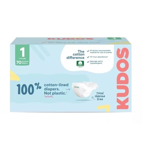 Kudos Chlorine Free Premium Diapers, 100% Cotton-Lined - Ultra Soft - Size 1, 70 Count