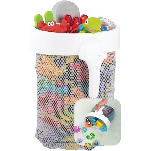 Nuby Mesh Toy Caddy - Bath Toy Storage Organizer with Detachable Suction Hanger - Handle for Easy Scooping - Durable, Quick-Dry Mesh