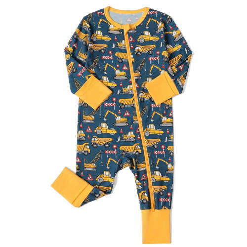 WIBACKER Bamboo Viscose Baby Convertible Footie Pajamas, Sleep and Play Footed Zipper Sleeper for Baby Boys - Engineering Vehicle