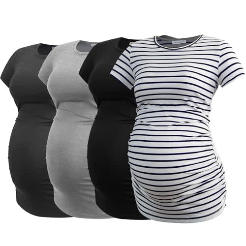 Smallshow Women's 4 Pack Maternity Shirts Short Sleeve Pregnancy Tops Clothes