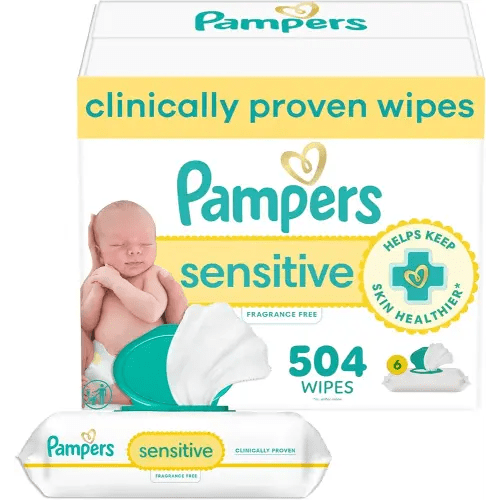 Pampers Baby Wipes Sensitive, Water Based Hypoallergenic and Unscented 504 Total (6 Flip-Top Packs)