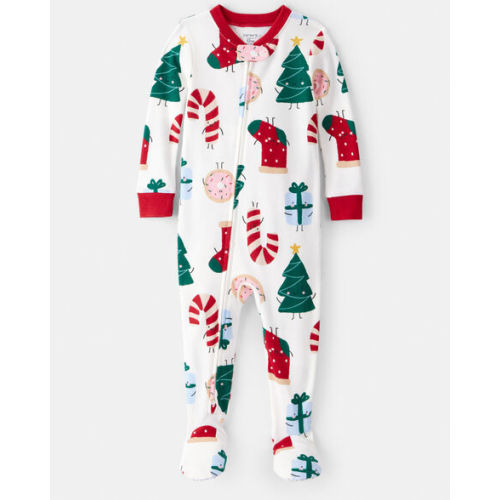 Baby Festive Friends Christmas 100% Cotton- 12 month Long-Sleeve Snug Fit 2-Way Zip 1-Piece Pajamas - White - Carter's | Carter's