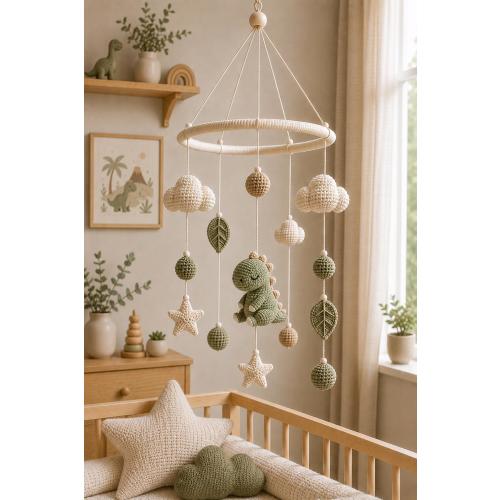 Dinosaur Baby Mobile, Crochet Dinosaur Crib Mobile, Sage Green Nursery Decor, Neutral Baby Mobile, Dinosaur Nursery Gift, Handmade  Mobile